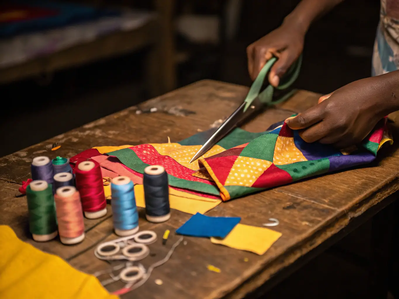A photograph of a person creating handmade crafts at home, surrounded by materials and tools, with a focus on the hands and the creative process.