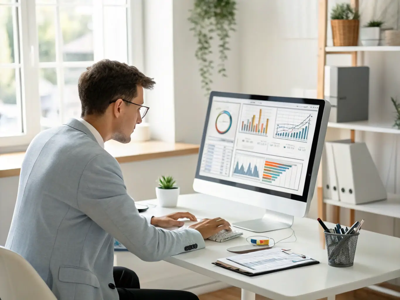 A person using an AI-powered data analysis tool on their desktop computer, with a focus on the data visualization and insights generated, in the context of AI Tool Reviews on Smart Side Hustles UK.