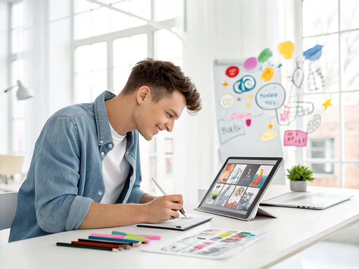 A person using an AI-powered graphic design tool on their tablet, with a focus on the design process and the creative output, in the context of AI Tool Reviews on Smart Side Hustles UK.