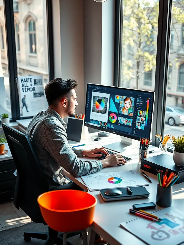 A freelancer working on graphic design projects, illustrating the flexibility and creative potential of freelance work.